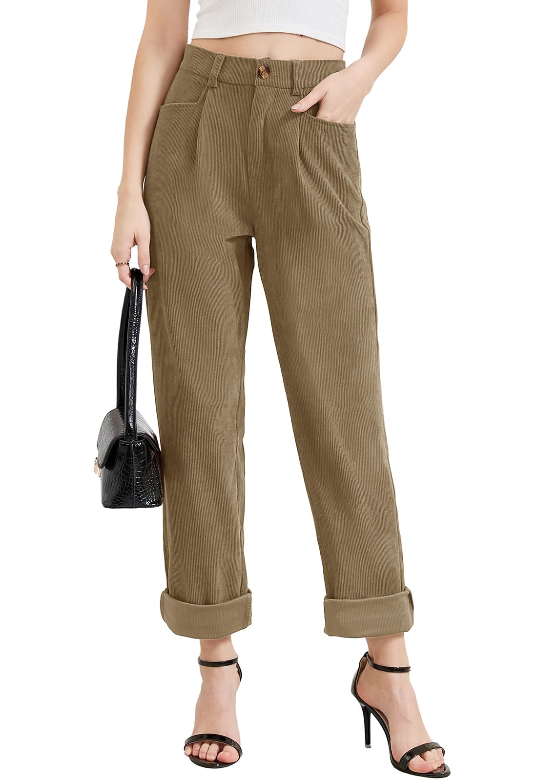 Rasutina Women Corduroy Pants Casual Fall Pants High Waisted Straight Leg Pants for Women Stretchy Work Trousers with Pockets