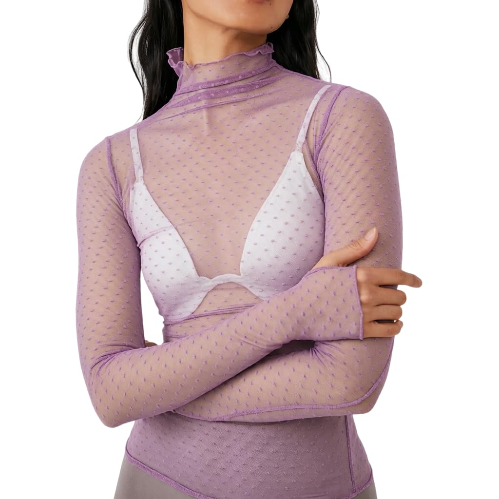 KMBANGI Women's Mesh Lace Long Sleeve Top Mock Neck Sheer Layering Tops