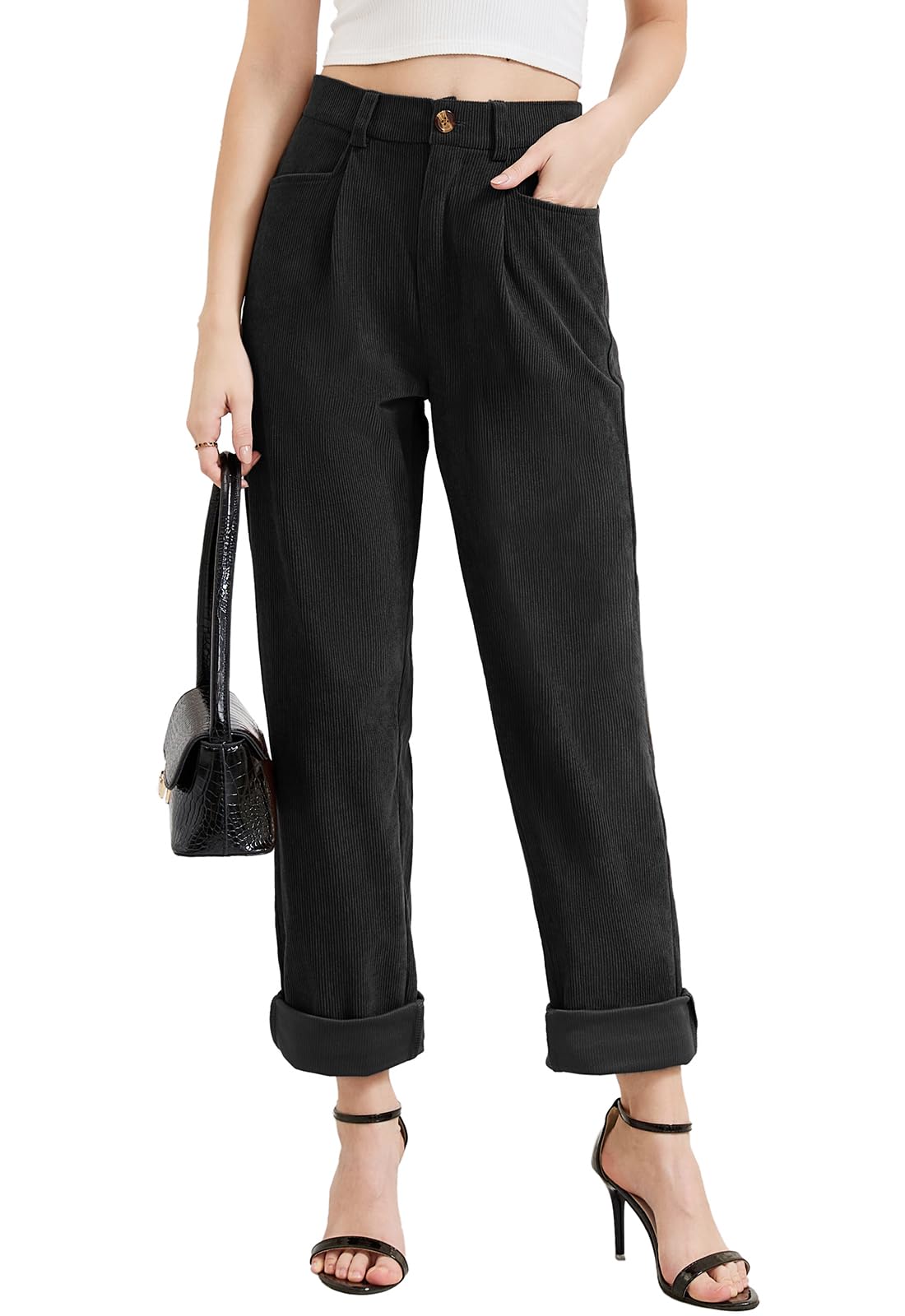 Rasutina Women Corduroy Pants Casual Fall Pants High Waisted Straight Leg Pants for Women Stretchy Work Trousers with Pockets