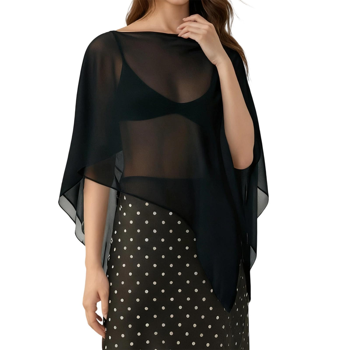 Women's Casual Sheer Chiffon Poncho Top Boat Neck Asymmetrical See Through Cover Up Beach Vacation Summer Y2k Outfit