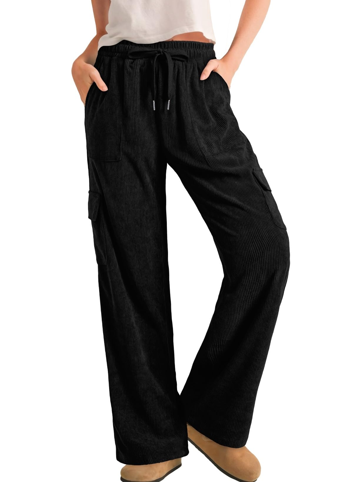 Sidefeel Womens Corduroy Pants Casual High Waisted Elastic Drawstring Cargo Loose Fit Wide Leg Pants with Pockets