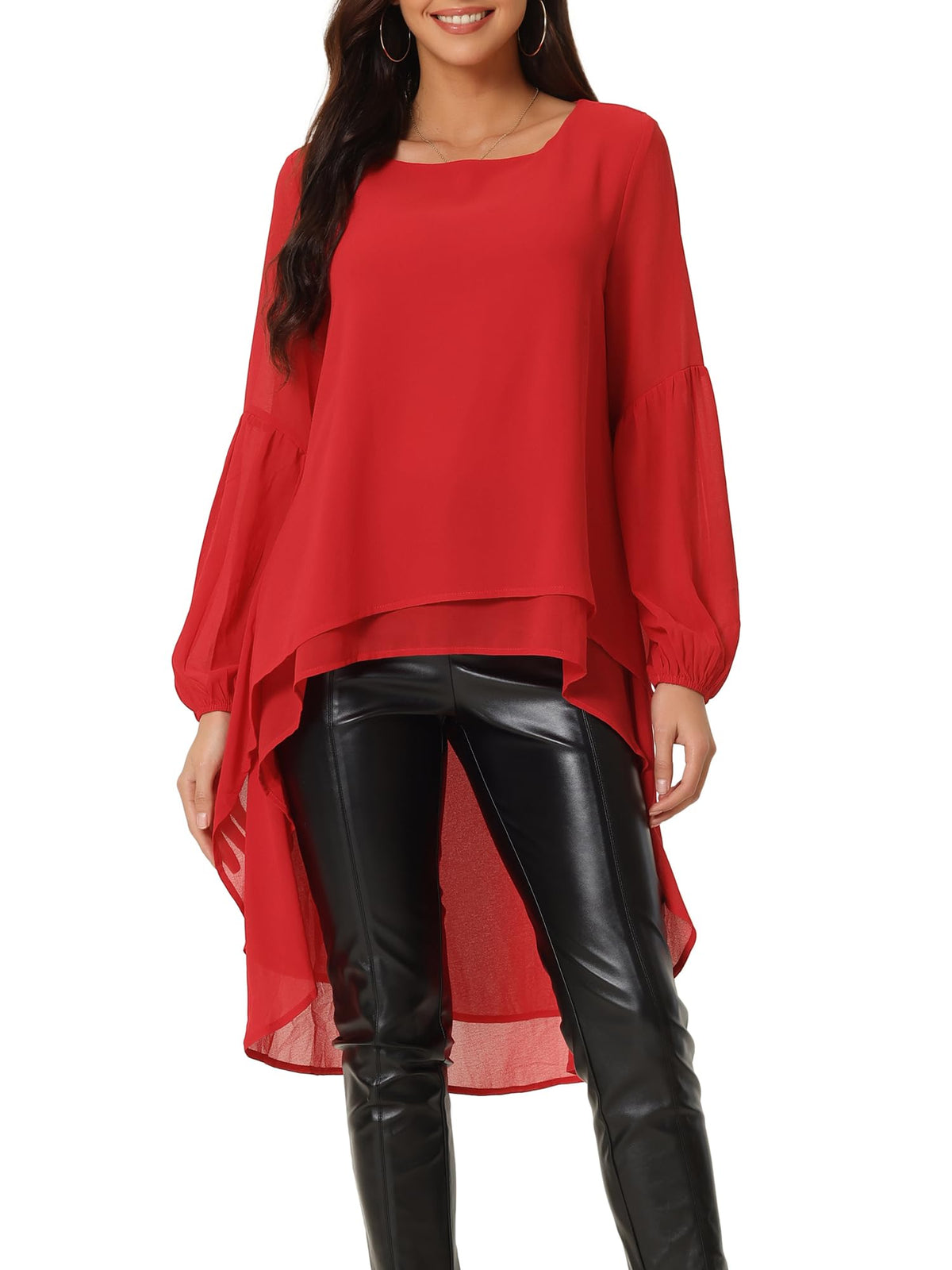 Seta T Women's High Low Tops Lantern Sleeve Dressy Casual Chiffon Blouse
