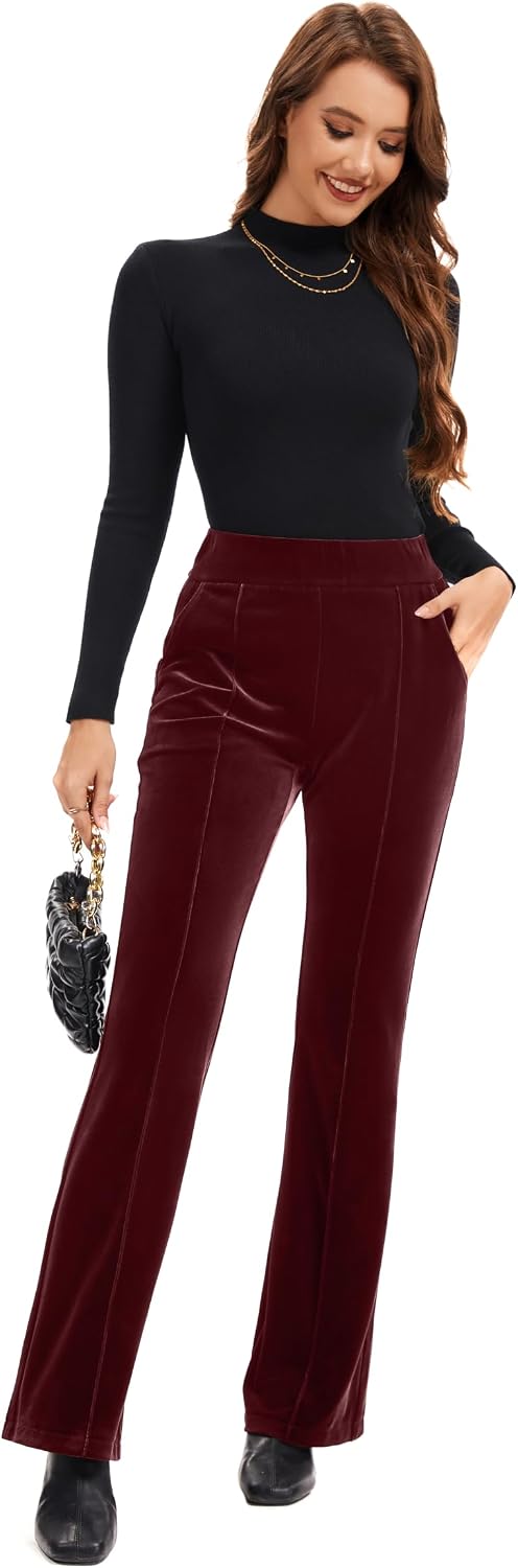 FUNYYZO Velvet Pants Women Flare Pull On Elastic Waist Holiday Outfits