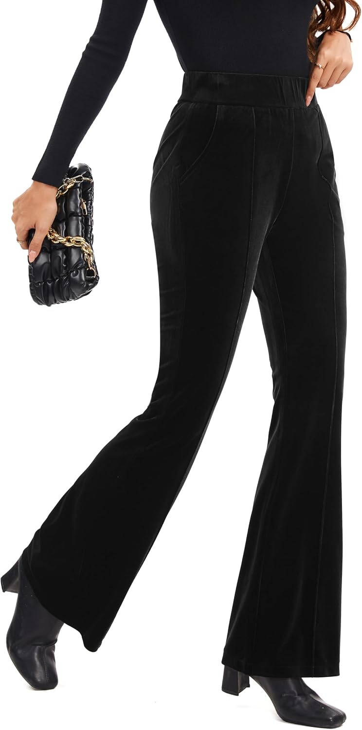 FUNYYZO Velvet Pants Women Flare Pull On Elastic Waist Holiday Outfits