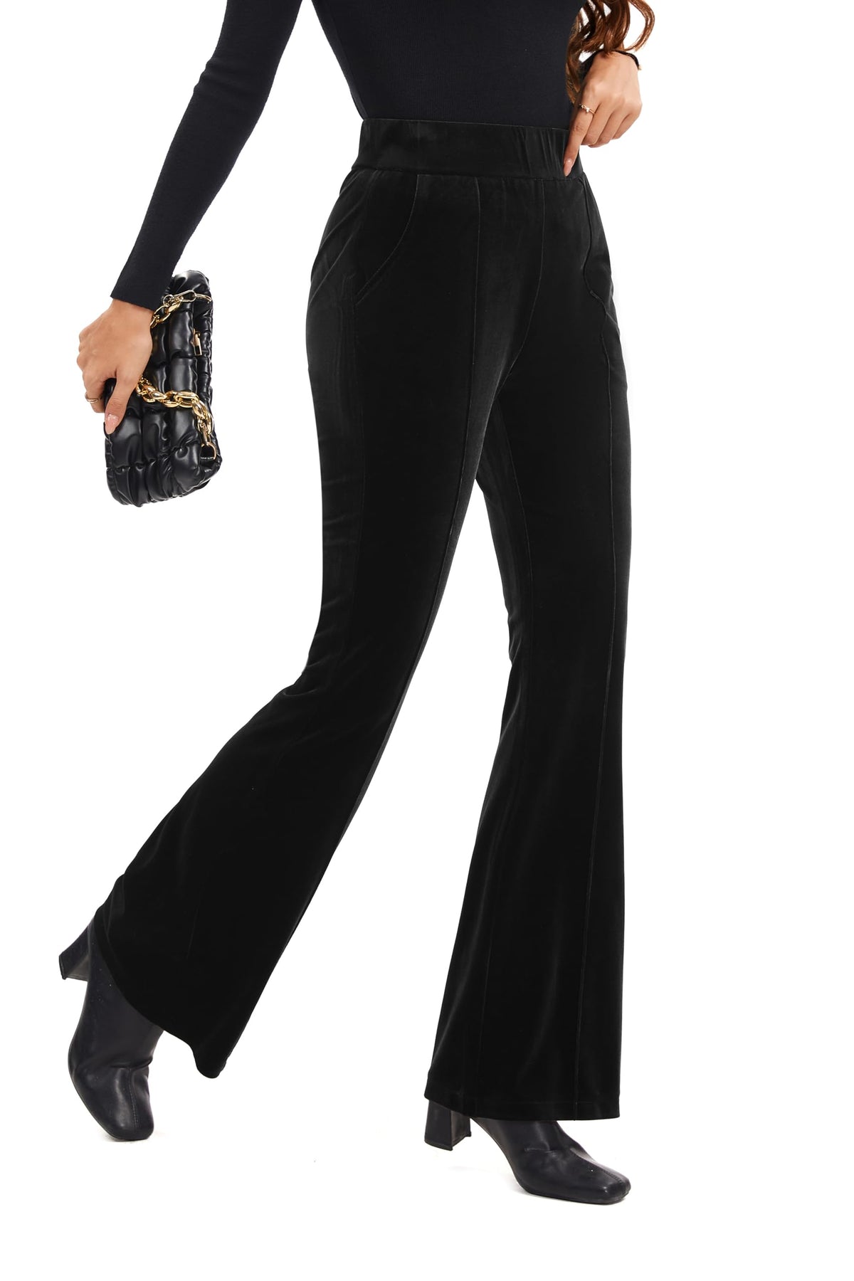 FUNYYZO Velvet Pants Women Flare Pull On Elastic Waist Holiday Outfits