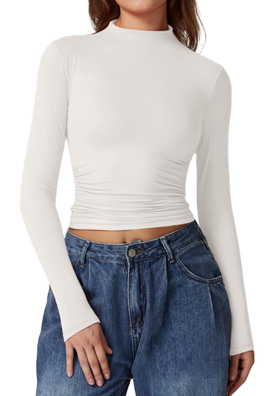 QINSEN Womens Mock Neck Long Sleeve Shirt Double Lined Basic Tees Side Ruched Going Out Crop Tops