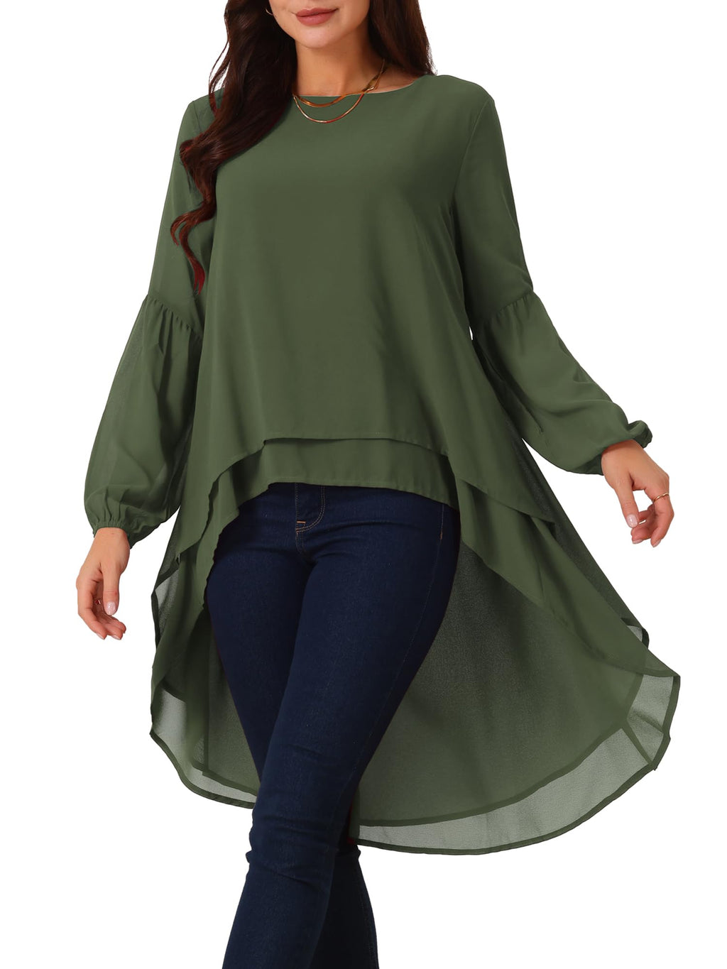 Seta T Women's High Low Tops Lantern Sleeve Dressy Casual Chiffon Blouse