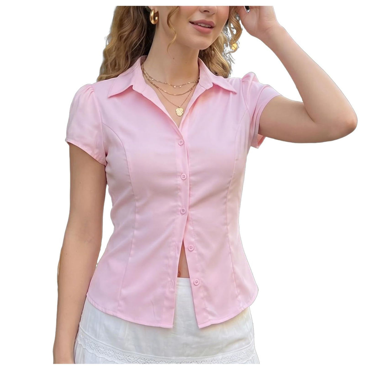Women Short Sleeve Plaid Button Up Shirt Y2K Button Down Collared Blouse Summer Vintage Slim Fit Gingham Top
