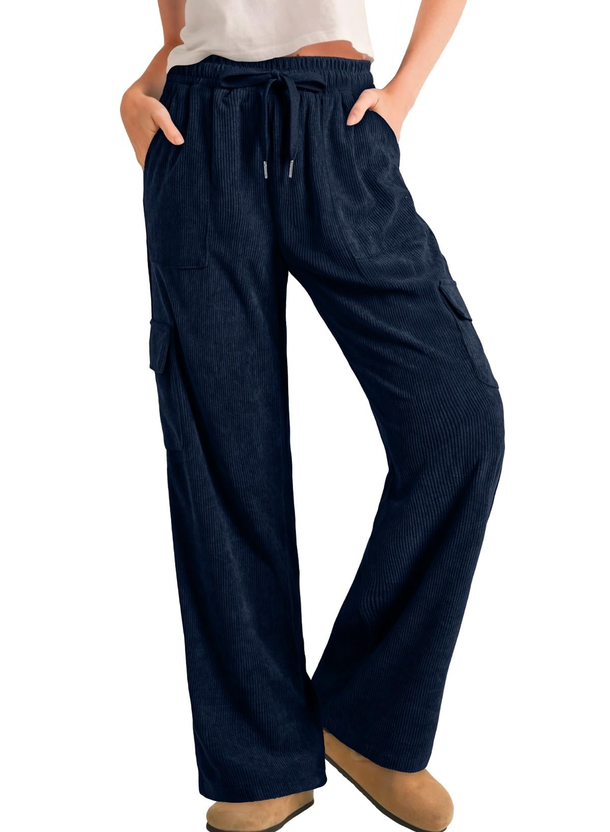 Sidefeel Womens Corduroy Pants Casual High Waisted Elastic Drawstring Cargo Loose Fit Wide Leg Pants with Pockets