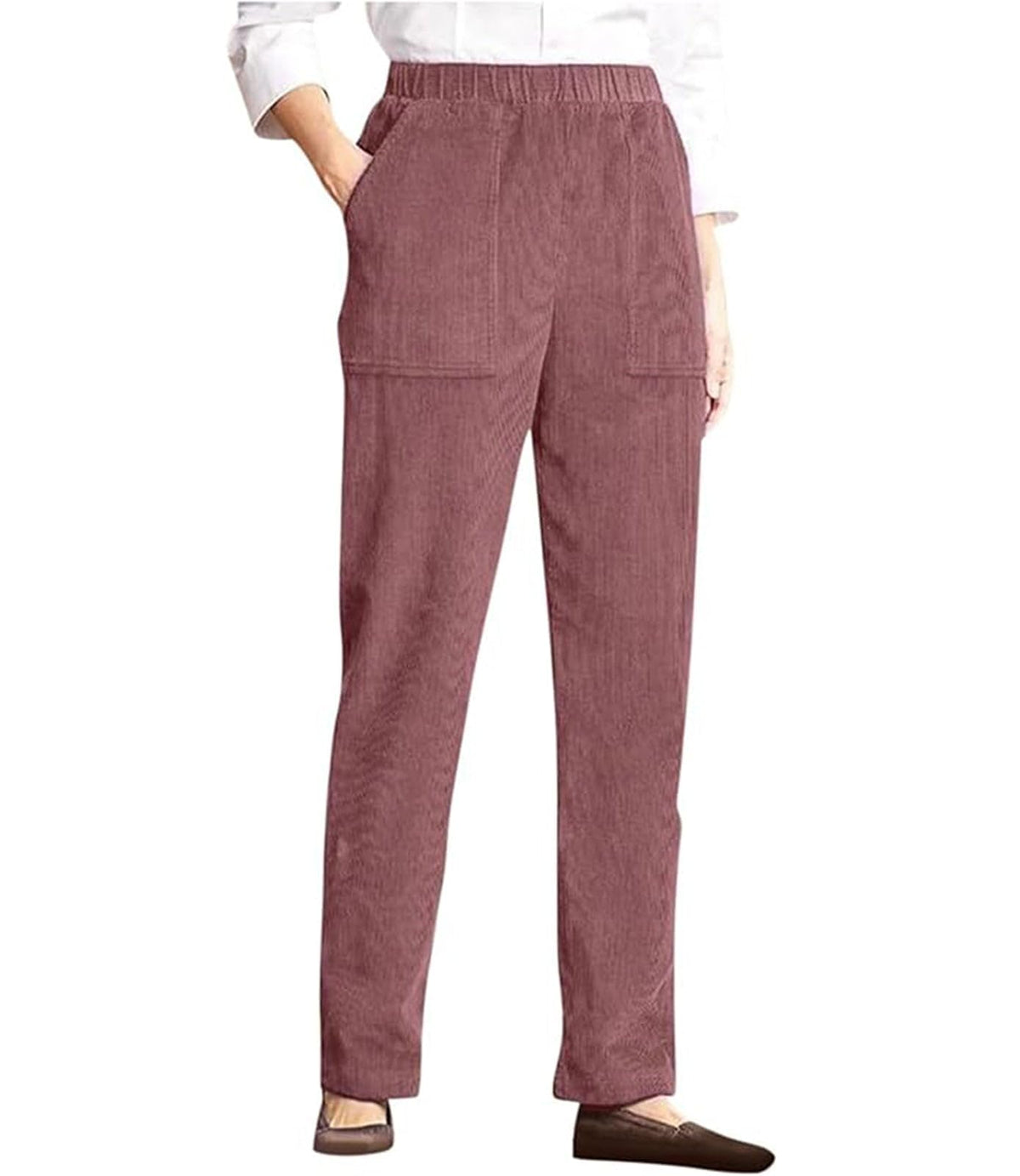 LOVESHOOT Corduroy Pants for Women Elastic High Waist Pull On Straight Leg Slacks Casual Fall Trousers with Pockets