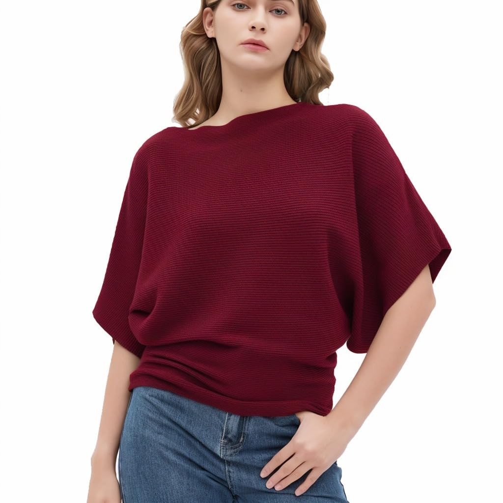 EDSTAR Women's Boat Neck Short Sleeve Dolman Knit Sweater