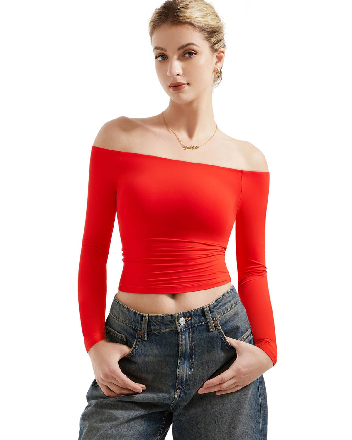 SUUKSESS Women Off Shoulder Double Lined Long Sleeve Shirts Basic Going Out Tops