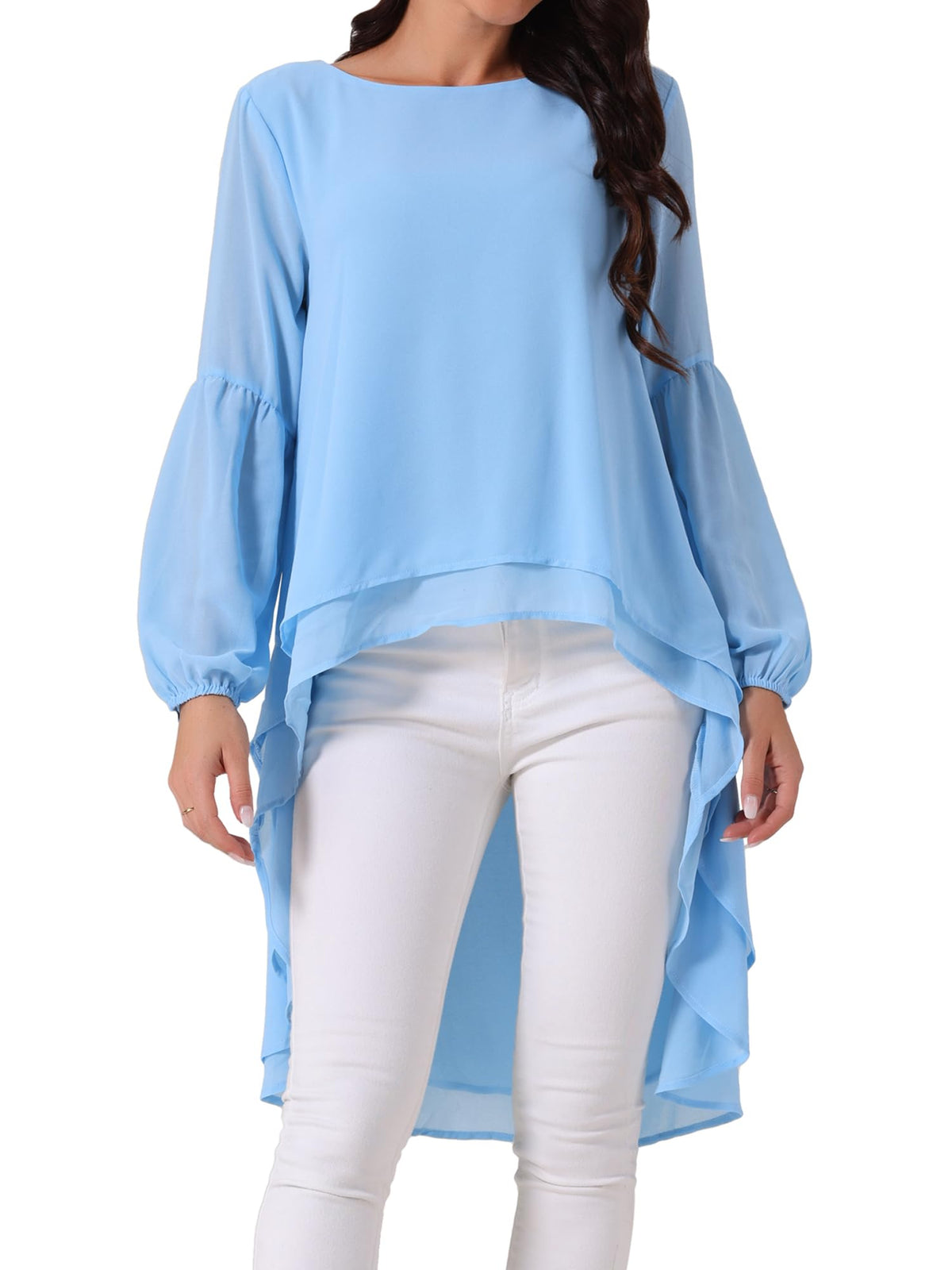 Seta T Women's High Low Tops Lantern Sleeve Dressy Casual Chiffon Blouse