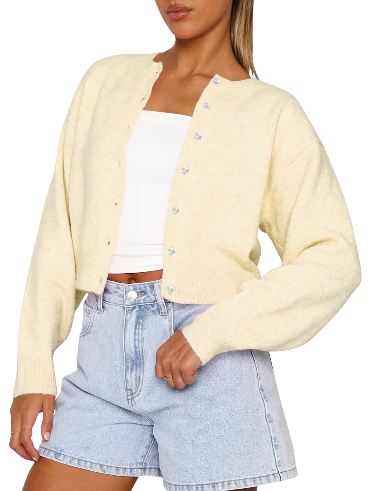 Balimtoy Womens Cropped Cardigan Long Sleeve Button Up Sweaters | Soft Knit Cardigan, Crew Neck, Button Down, Casual for Office Work, Teacher Outfit, Trendy Sweater for Fall, Spring 2026