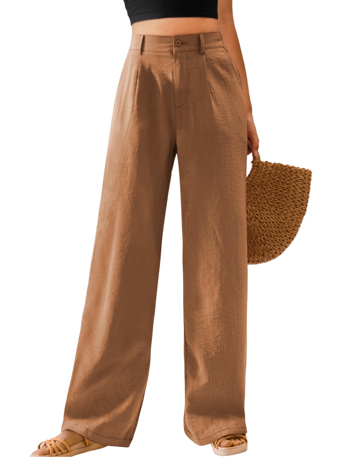 Feiersi Womens Casual Wide Leg Pants High Waisted Button Down Straight Long Trousers Palazzo Pants
