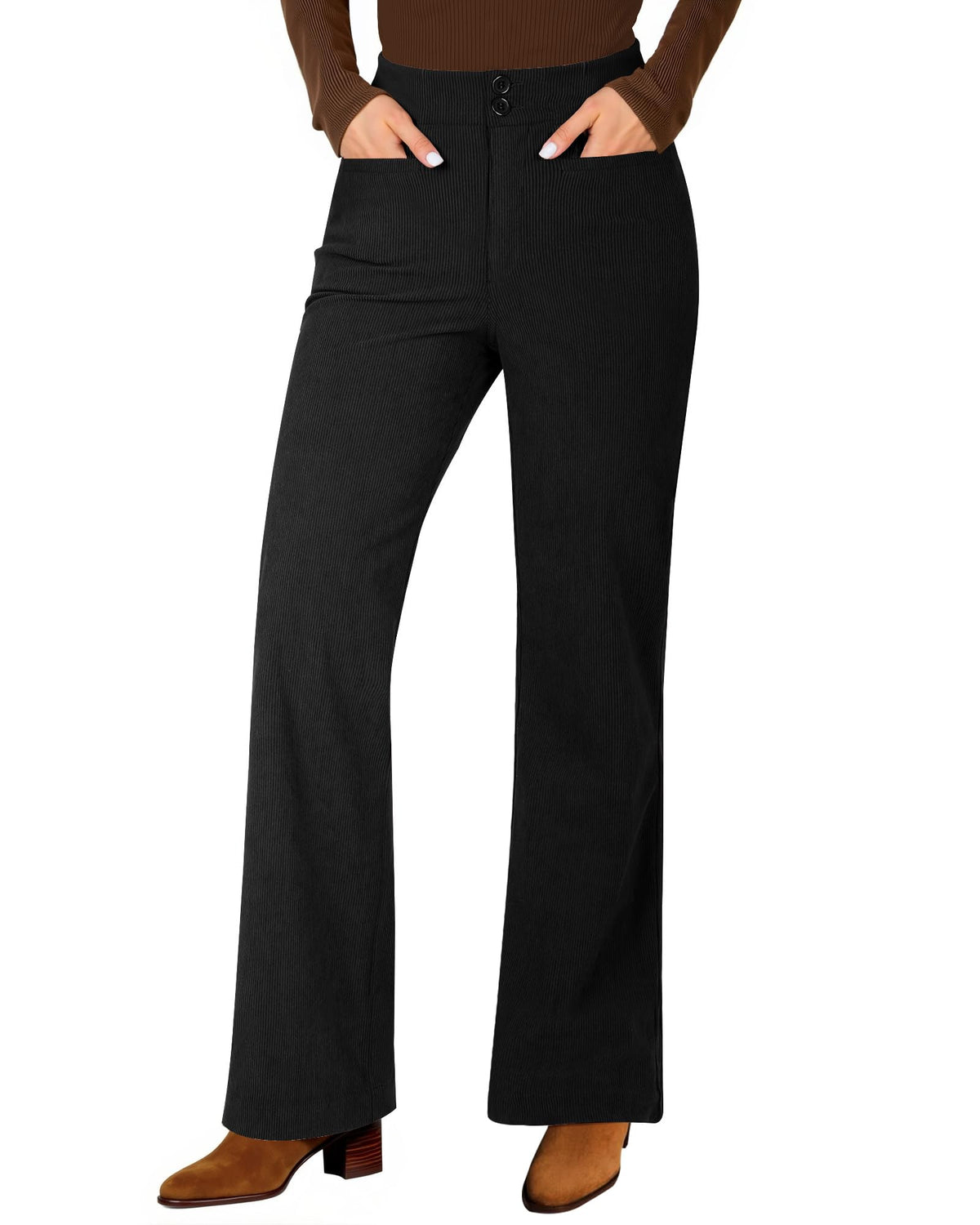 GRAPENT Corduroy Wide Leg Pants Woman High Waisted Trendy Fall Work Casual Elastic Waist Duo Button Welt Pocket Trousers