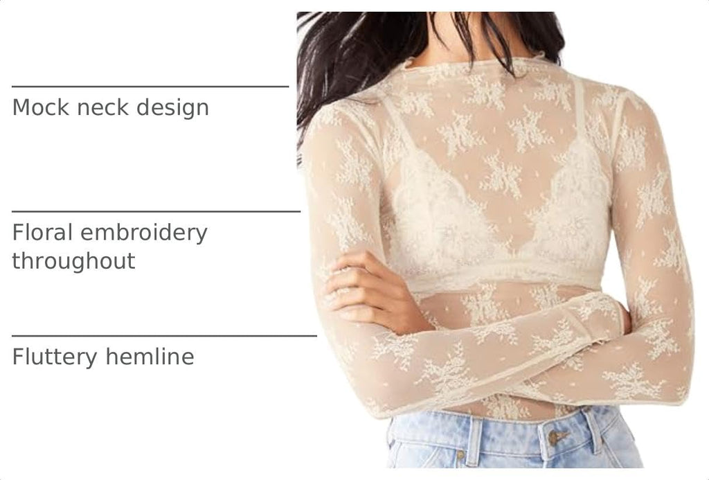 KMBANGI Women's Mesh Lace Long Sleeve Top Mock Neck Sheer Layering Tops