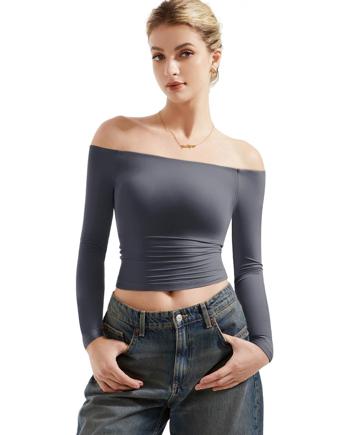 SUUKSESS Women Off Shoulder Double Lined Long Sleeve Shirts Basic Going Out Tops