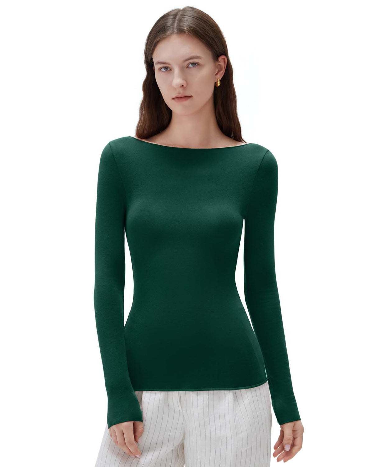 SUUKSESS Cloud Cashmere Women Boat Neck Fitted Long Sleeve Shirt Basic Knit Tops