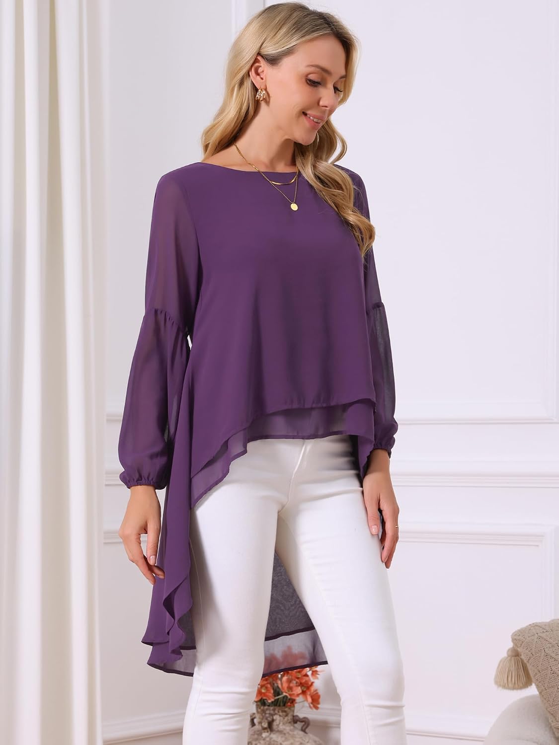 Seta T Women's High Low Tops Lantern Sleeve Dressy Casual Chiffon Blouse
