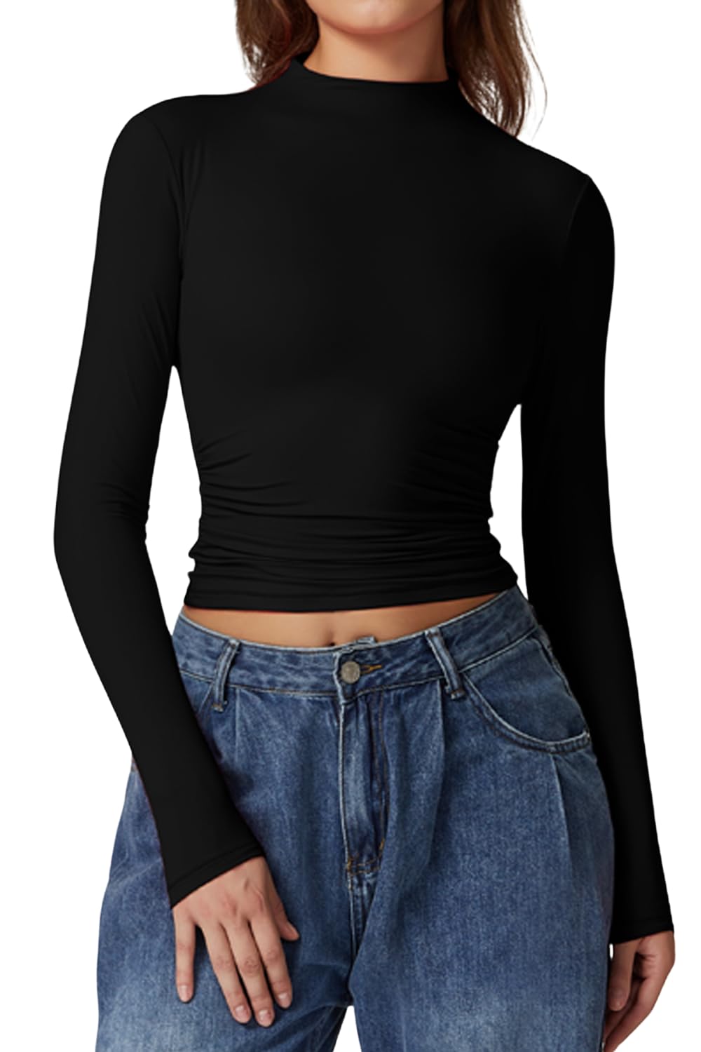 QINSEN Womens Mock Neck Long Sleeve Shirt Double Lined Basic Tees Side Ruched Going Out Crop Tops