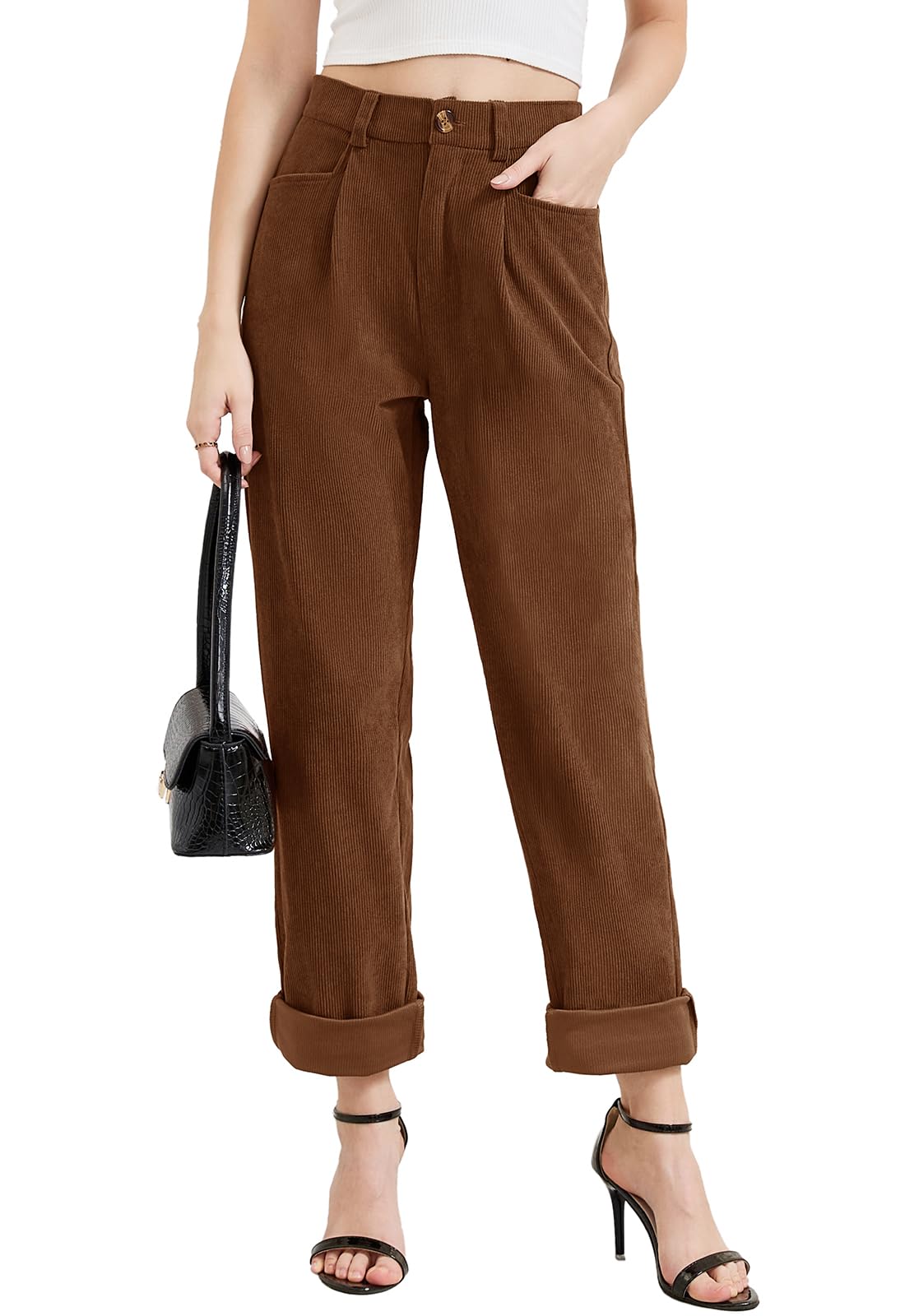 Rasutina Women Corduroy Pants Casual Fall Pants High Waisted Straight Leg Pants for Women Stretchy Work Trousers with Pockets