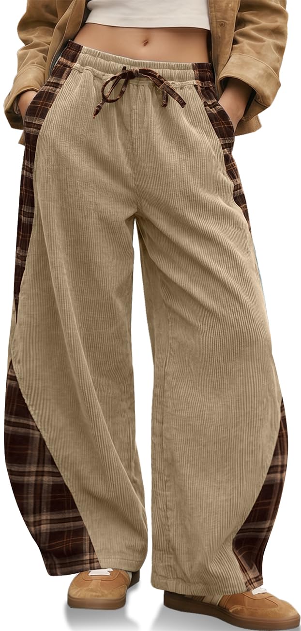 TARSE Womens Corduroy Barrel Pants with Pockets Y2K Plaid Patchwork Panels