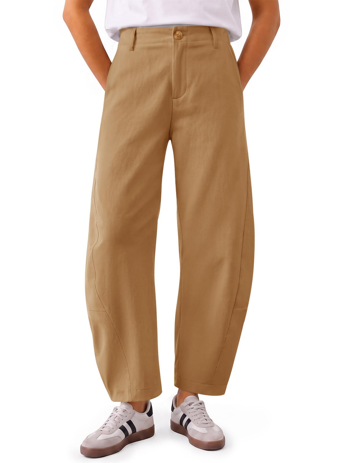 Yousify Womens Baggy Barrel Pants Curved Elastic Waist Tapered Leg Trousers