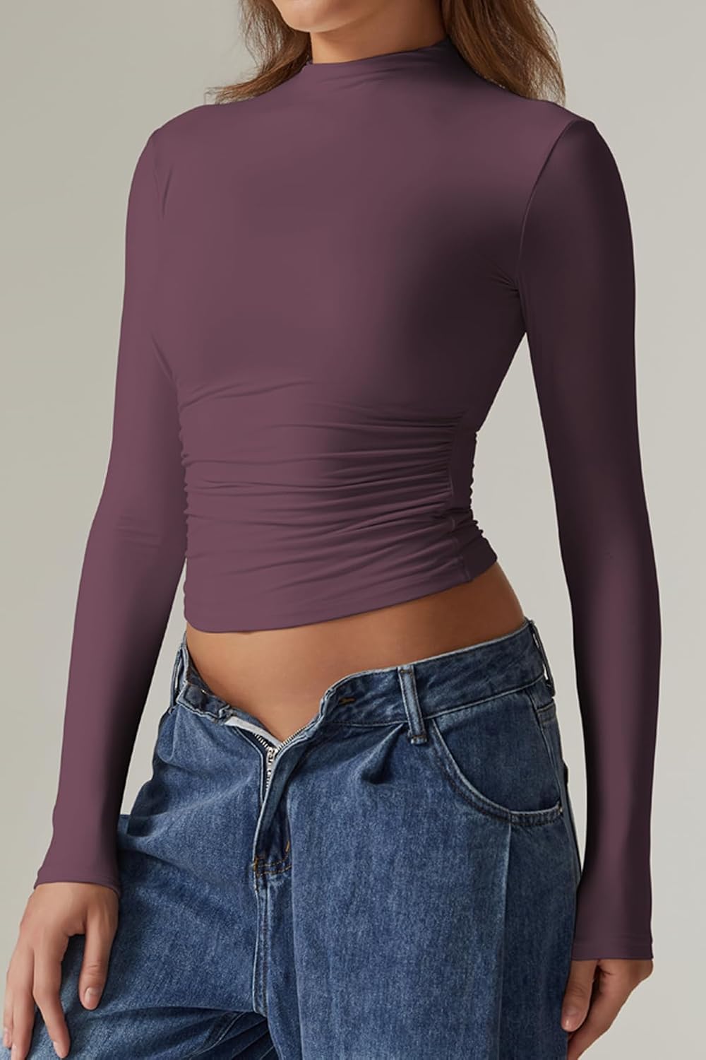 QINSEN Womens Mock Neck Long Sleeve Shirt Double Lined Basic Tees Side Ruched Going Out Crop Tops