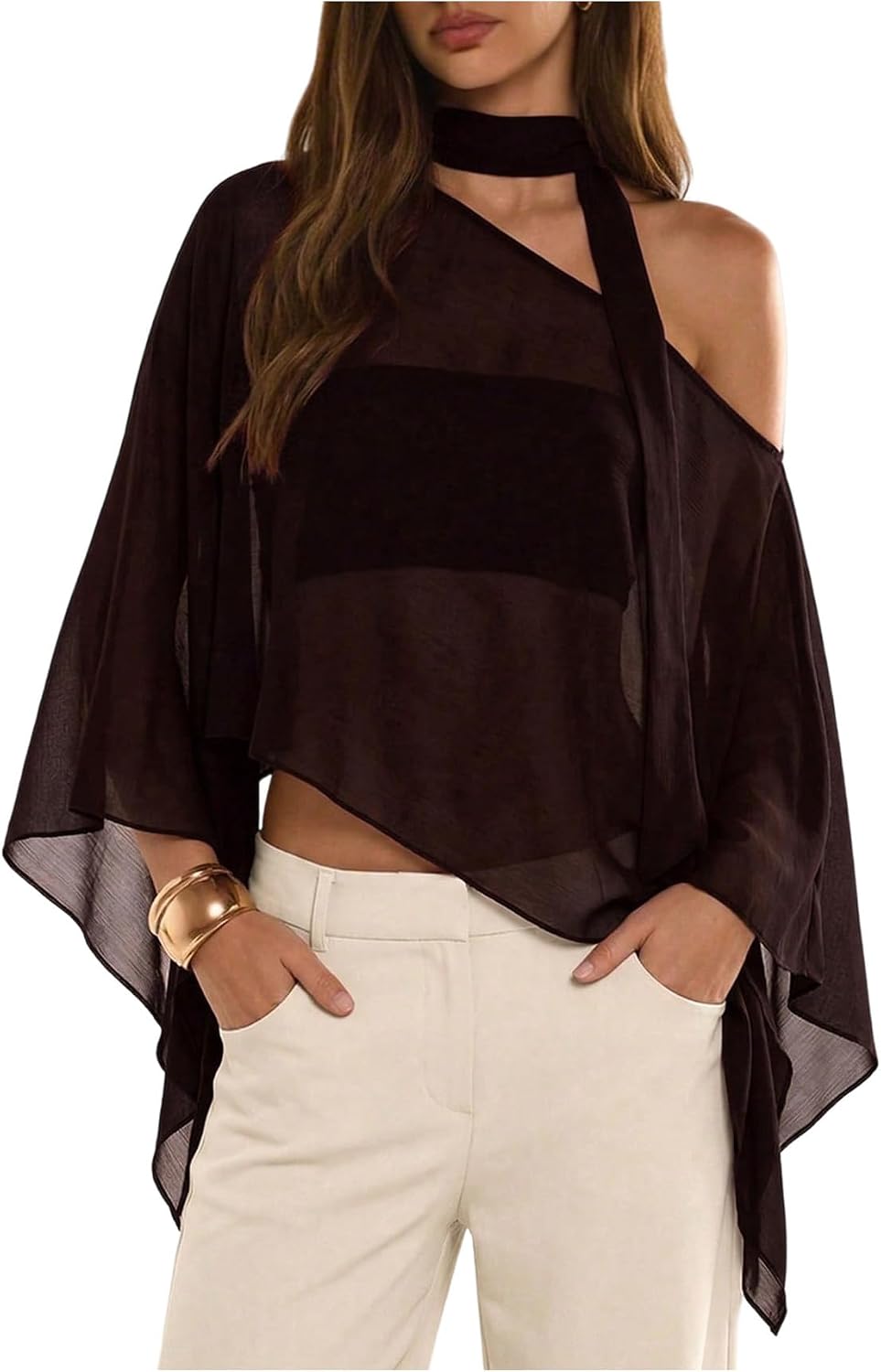 WDIRARA Women's Poncho Top Off The Shoulder Tops Y2k Flowy with Scarf