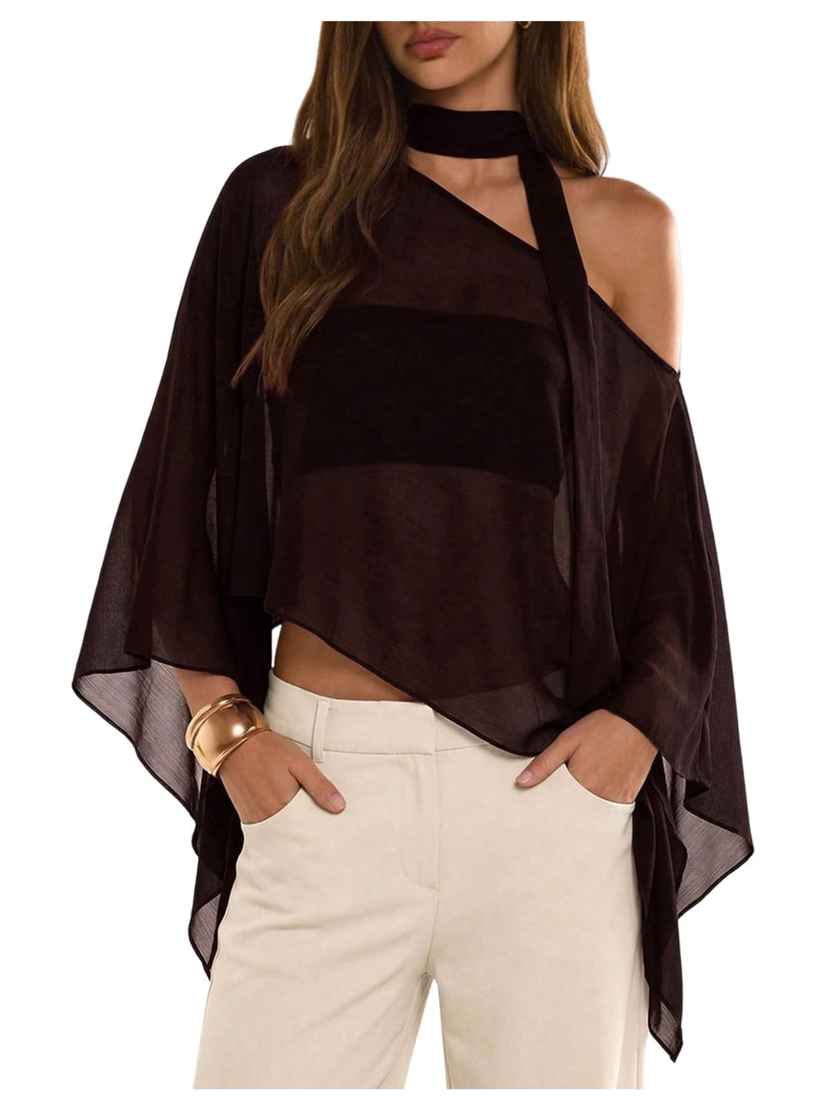 WDIRARA Women's Poncho Top Off The Shoulder Tops Y2k Flowy with Scarf