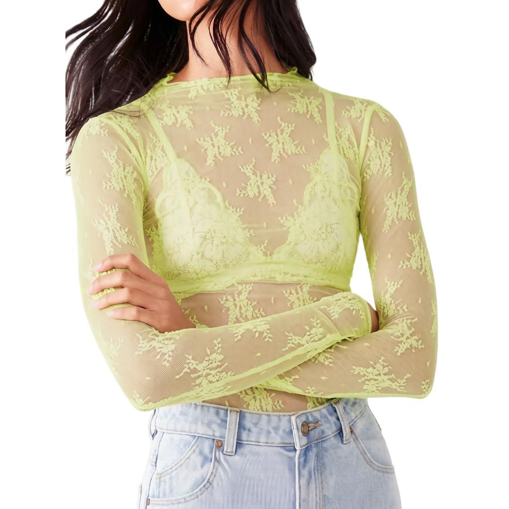 KMBANGI Women's Mesh Lace Long Sleeve Top Mock Neck Sheer Layering Tops