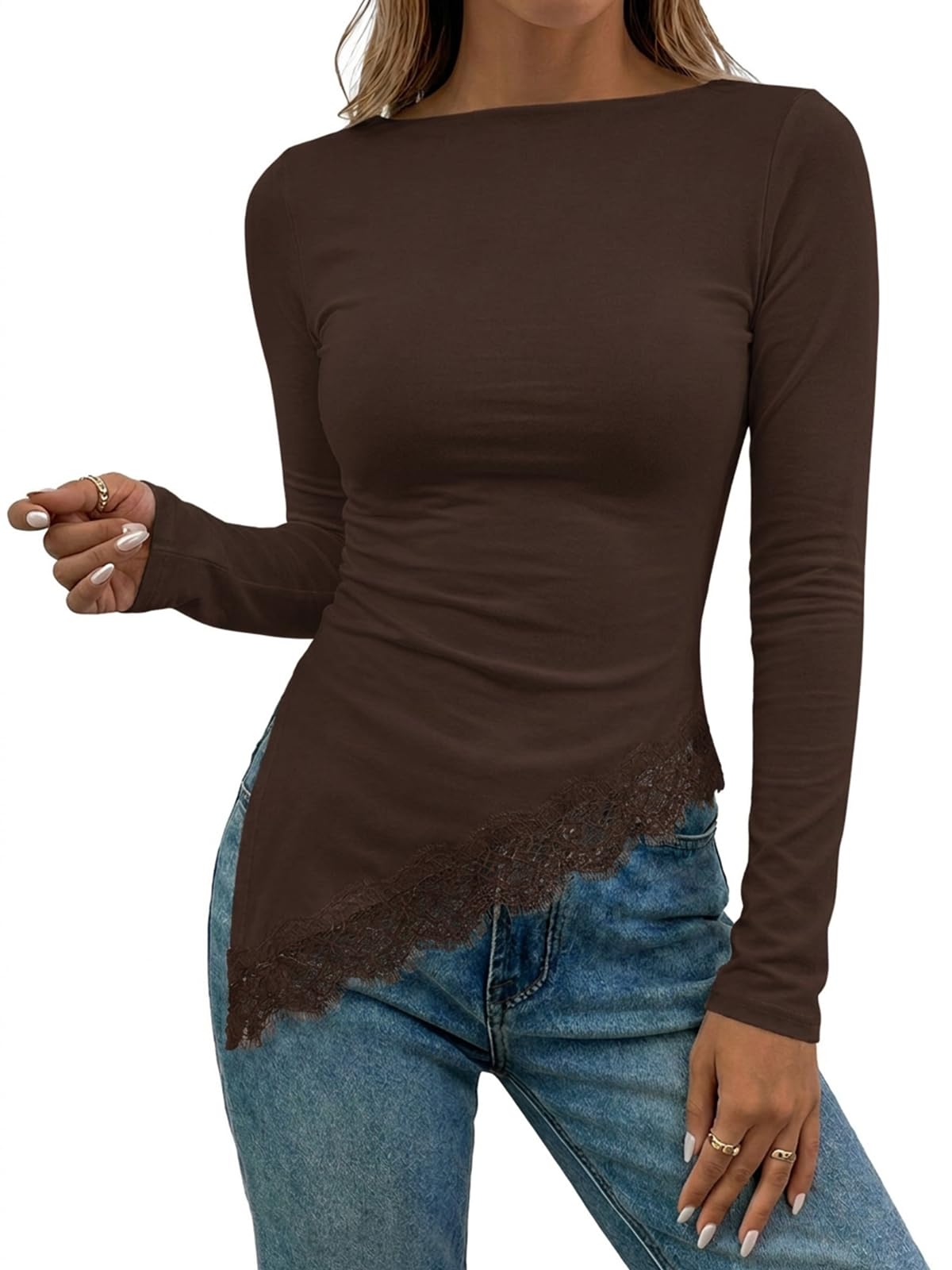 Flowyair Womens Boat Neck Long Sleeve Lace Tops Slim Fit Shirts
