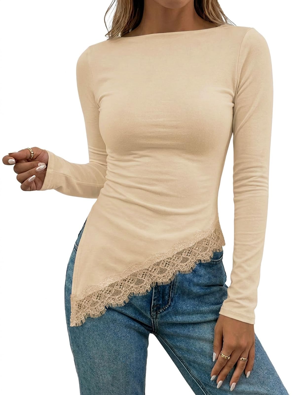 Flowyair Womens Boat Neck Long Sleeve Lace Tops Slim Fit Shirts