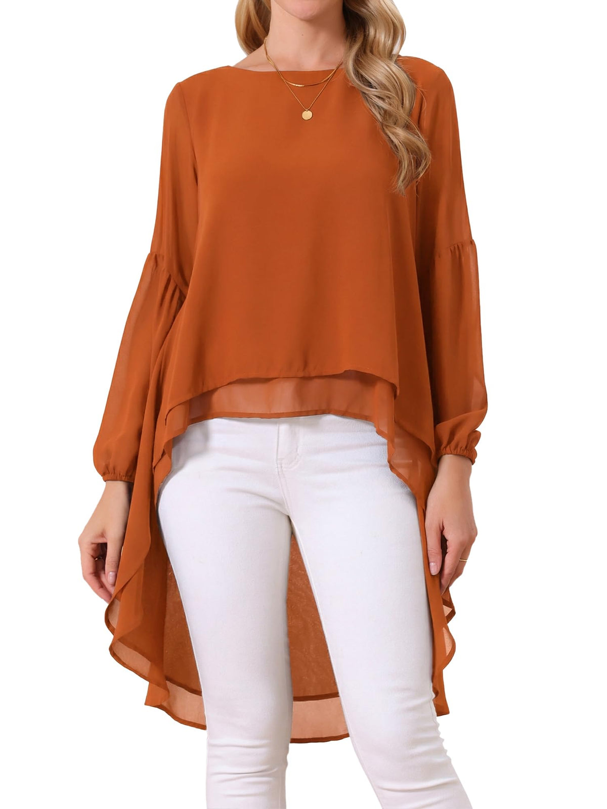 Seta T Women's High Low Tops Lantern Sleeve Dressy Casual Chiffon Blouse