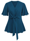 SCOMCHIC 2024 Women's Plus Size Peplum Tops Elegant V Neck Tie Front Bell Sleeve Flowy Blouses Shirts