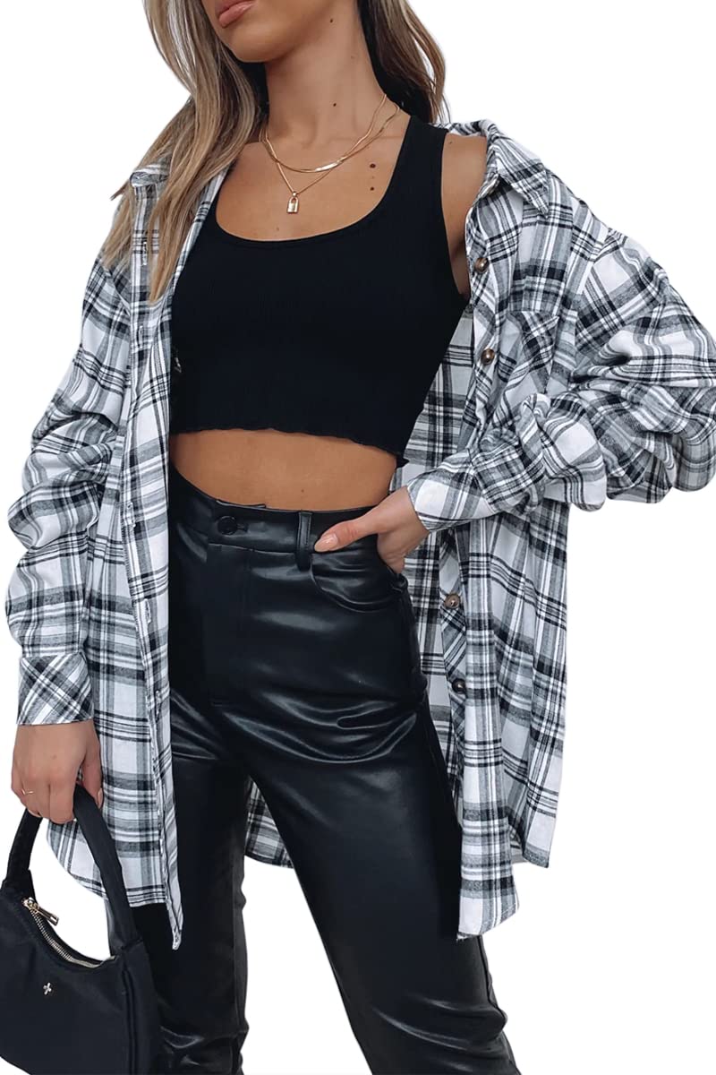 CHYRII Womens Button Down Flannel Shirts Long Sleeve Plaid Shackets Business Casual Blouse Top