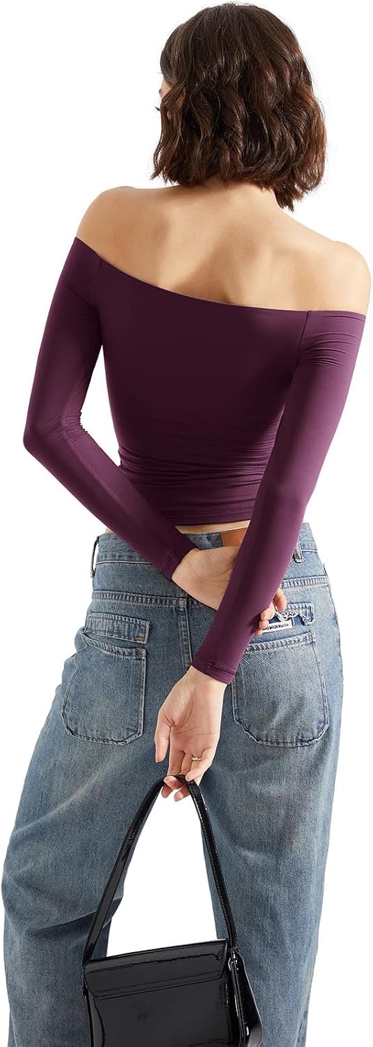 SUUKSESS Women Off Shoulder Double Lined Long Sleeve Shirts Basic Going Out Tops
