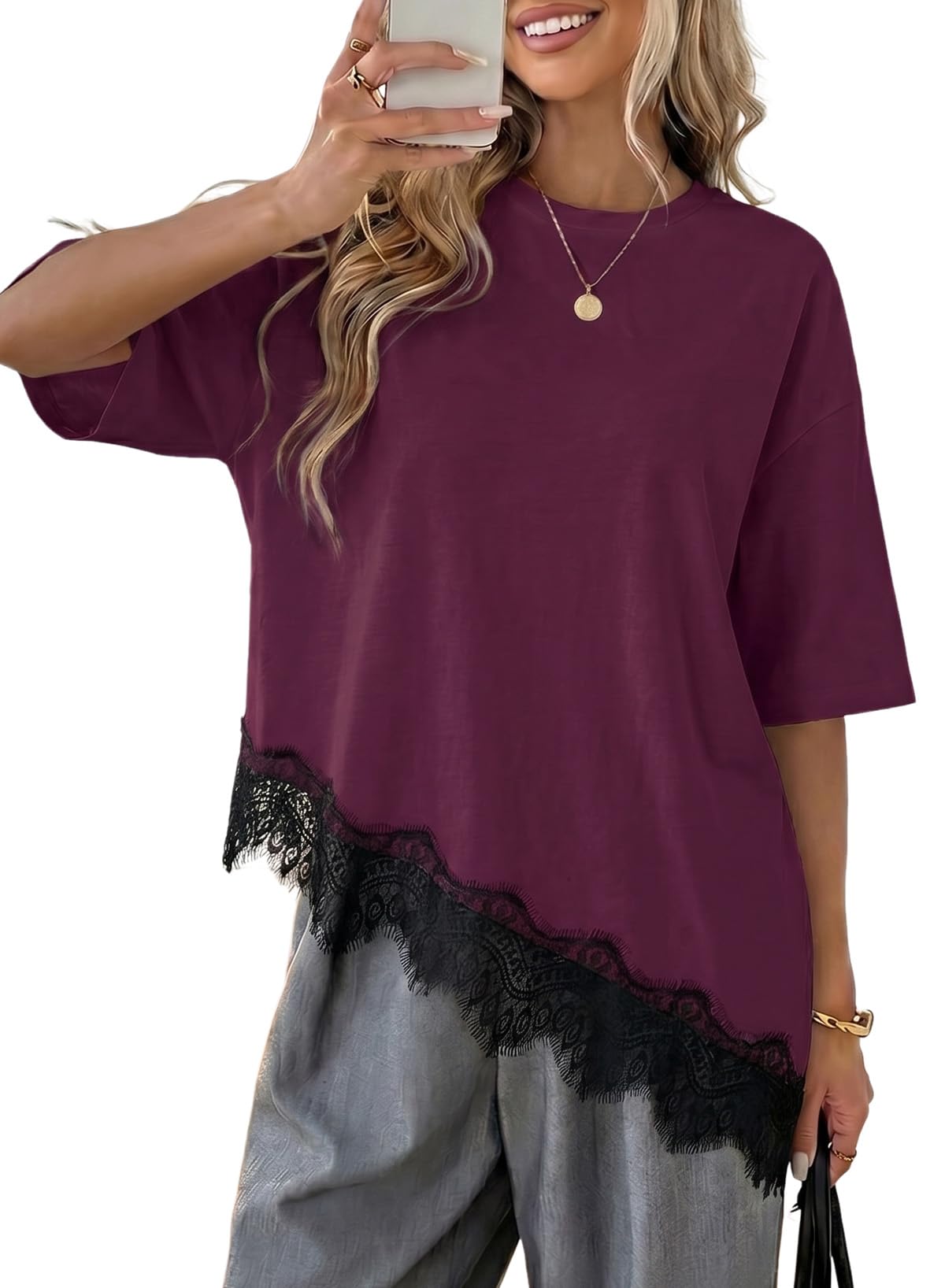 LOLONG Women Casual Crew Neck Half Sleeve Shirts Asymmetrical Lace Hem Tops