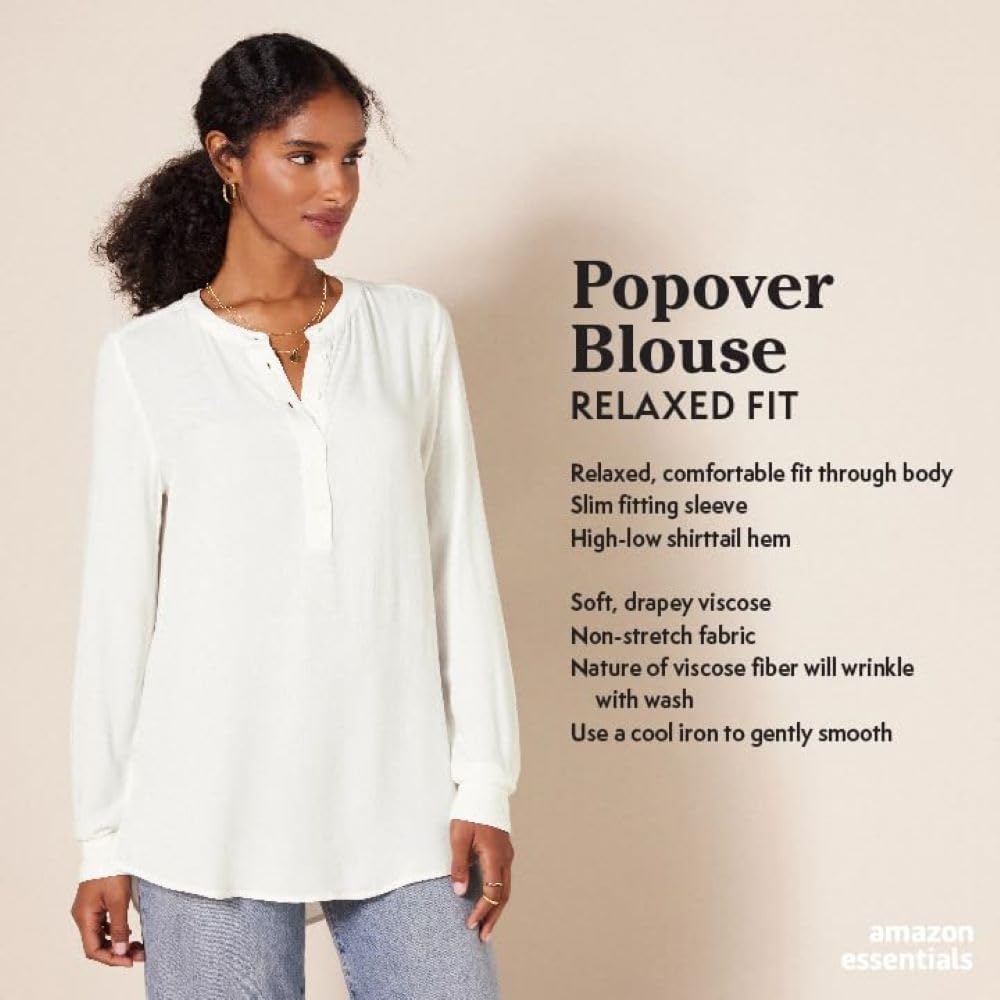Amazon Essentials Women's Long-Sleeve Relaxed Fit Popover Blouse, Collared Business Casual Work Shirt
