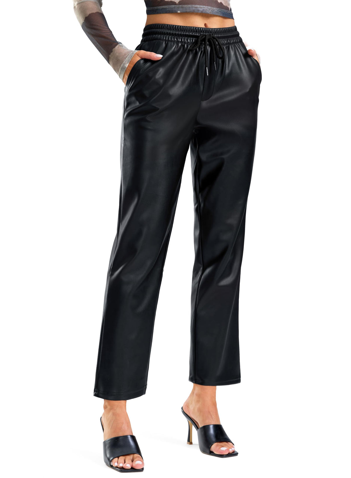 SANTINY Women's Faux Leather Pants High Waisted Straight Leg Cropped Ankle Trousers Vegan Matte Pleather Pants for Women
