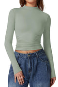 QINSEN Womens Mock Neck Long Sleeve Shirt Double Lined Basic Tees Side Ruched Going Out Crop Tops