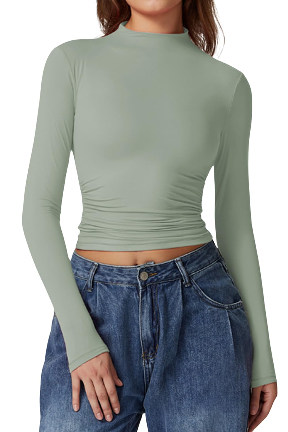 QINSEN Womens Mock Neck Long Sleeve Shirt Double Lined Basic Tees Side Ruched Going Out Crop Tops
