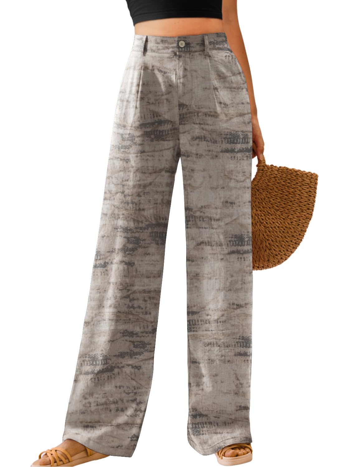 Feiersi Womens Casual Wide Leg Pants High Waisted Button Down Straight Long Trousers Palazzo Pants