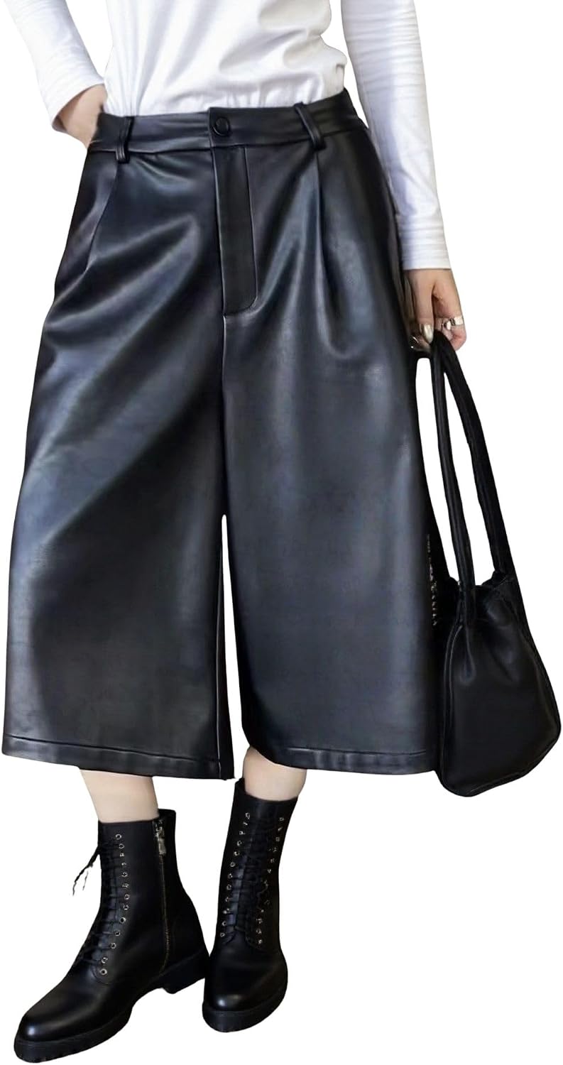 chouyatou Women's Pu Faux Leather Wide Leg Cropped Pants High Elastic Waist Baggy Barrel Capri Palazzo Pants