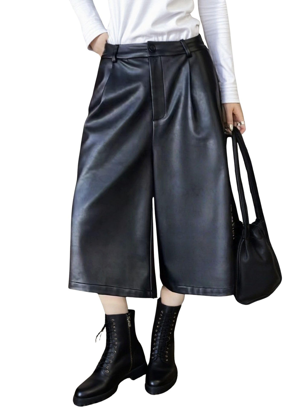 chouyatou Women's Pu Faux Leather Wide Leg Cropped Pants High Elastic Waist Baggy Barrel Capri Palazzo Pants