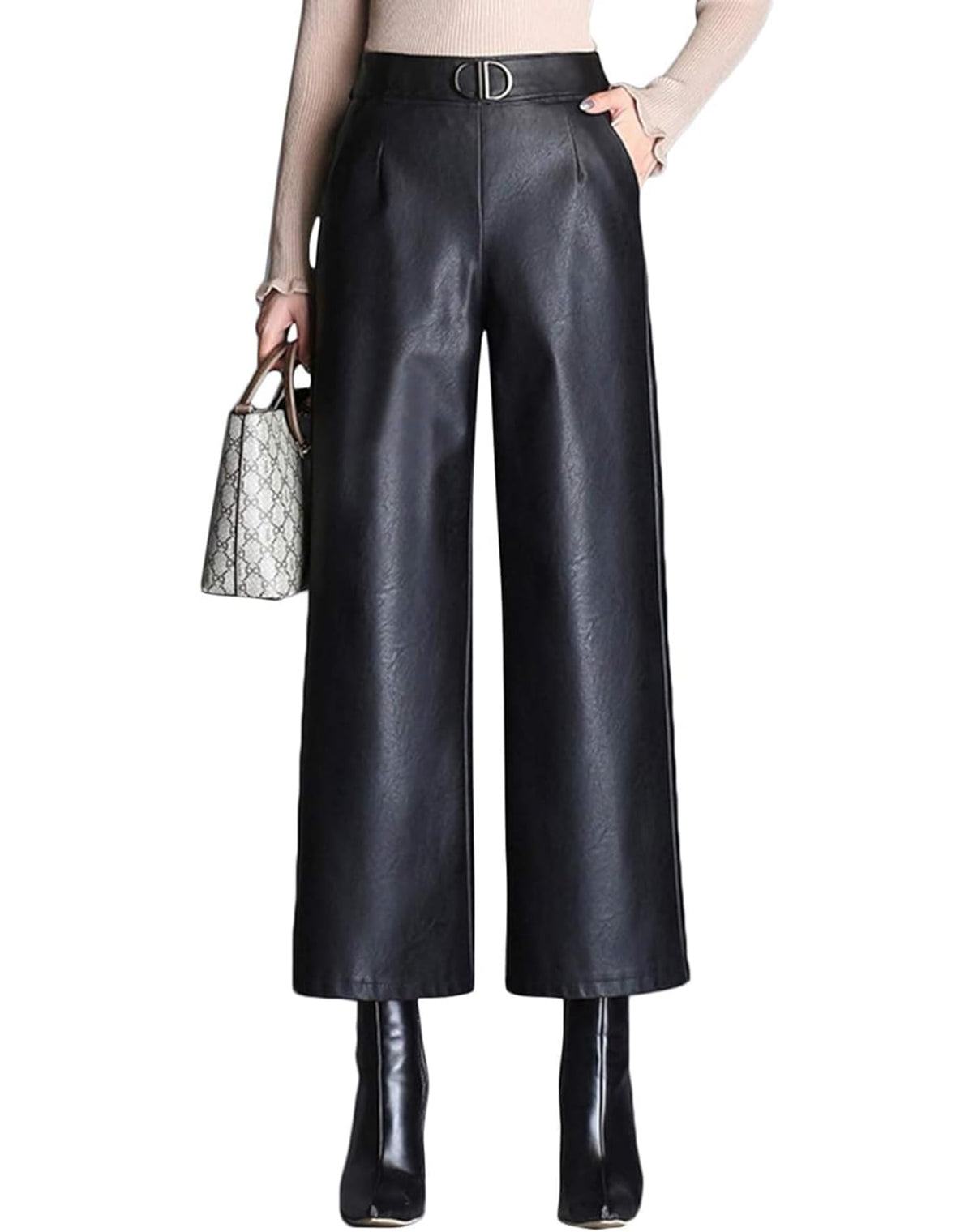 HaoMay Women's High Waist Wide Leg PU Faux Leather Cropped Pants Culottes