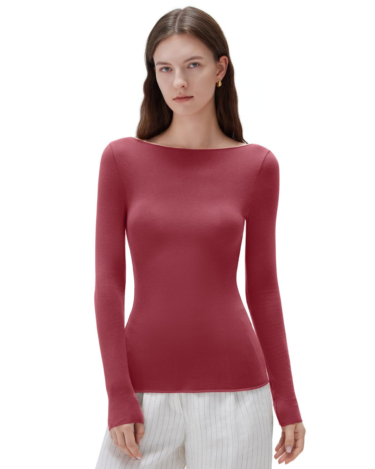 SUUKSESS Cloud Cashmere Women Boat Neck Fitted Long Sleeve Shirt Basic Knit Tops