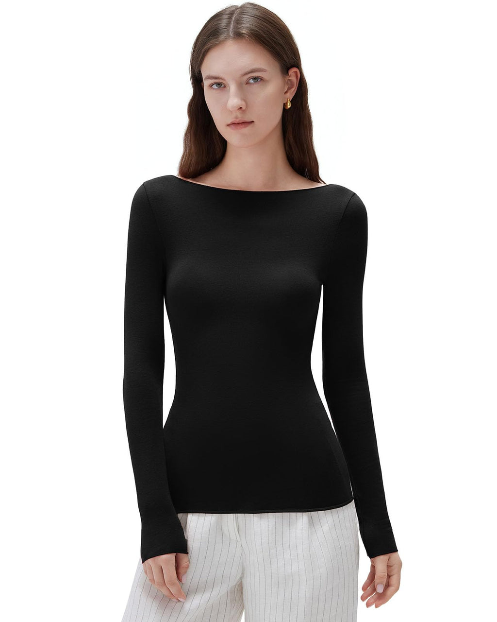 SUUKSESS Cloud Cashmere Women Boat Neck Fitted Long Sleeve Shirt Basic Knit Tops