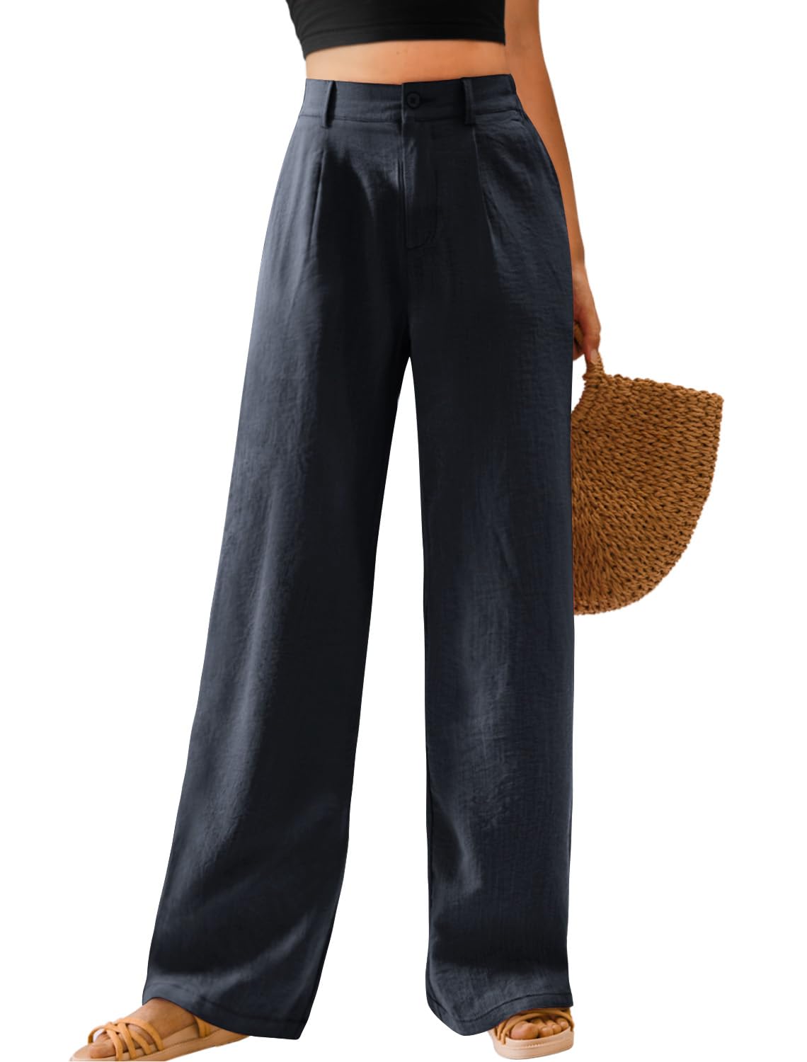 Feiersi Womens Casual Wide Leg Pants High Waisted Button Down Straight Long Trousers Palazzo Pants